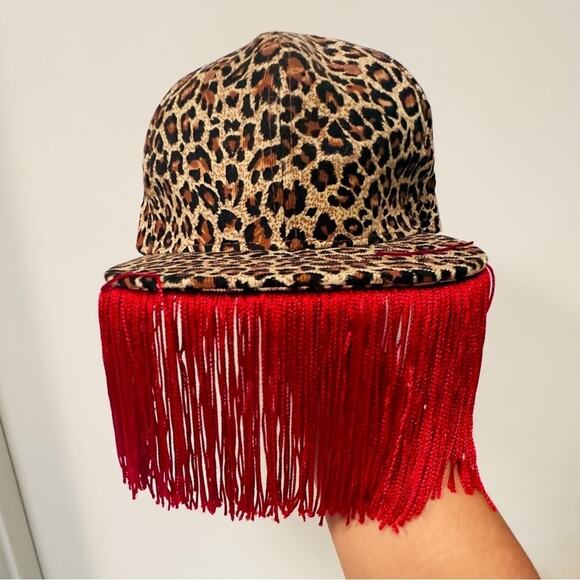Leopard Print Cap with Red Fringe – Handmade Festival Party Hat main image 4